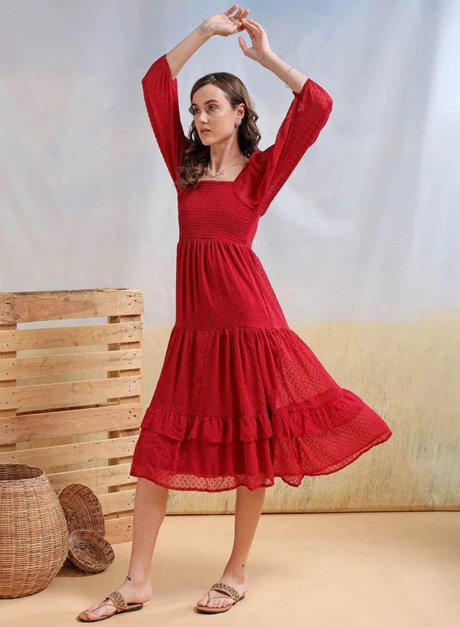 Women Fit and Flared Textured Square Neck Long Sleeve Tiered Dress