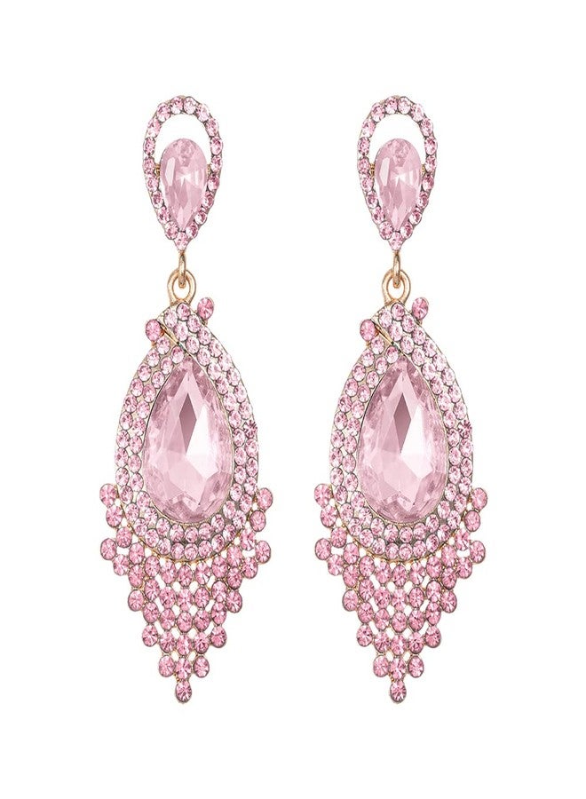 YINLI Long Full Pink Rhinestone Crystal Dangle Chandelier Drop Earrings Fashion Jewelry (Style07) - Image 1