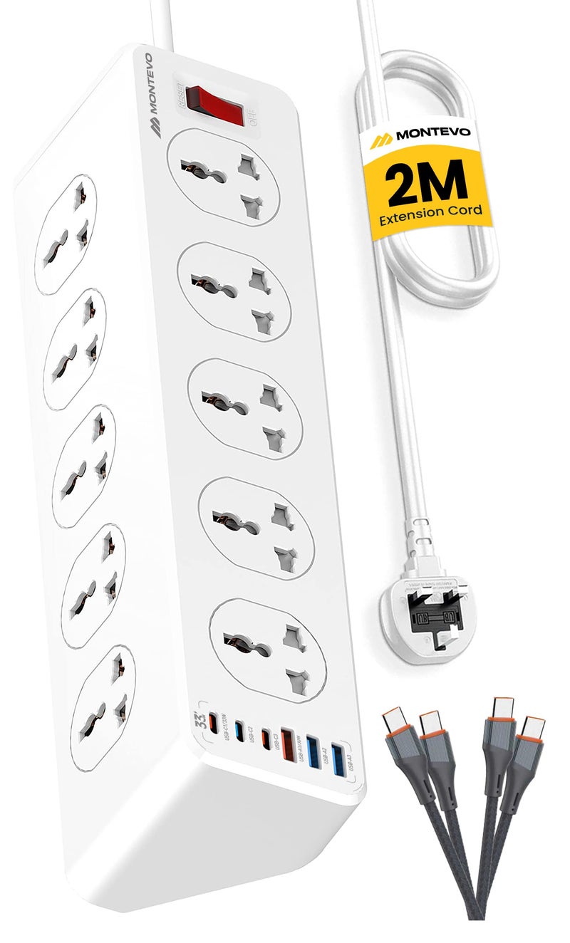 10 Way 2M Power Extension Cord 6 USB Ports 33W, 10 Universal Outlets, 3 USB-C PD & 3 USB-A, 33W Fast Charging, Heavy Duty Surge Protector, Includes 2 USB-C Cables (2M) - Image 1