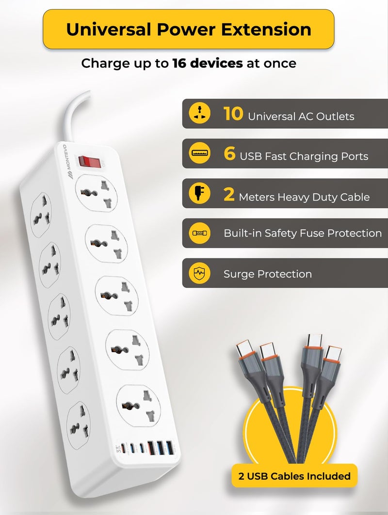 10 Way 2M Power Extension Cord 6 USB Ports 33W, 10 Universal Outlets, 3 USB-C PD & 3 USB-A, 33W Fast Charging, Heavy Duty Surge Protector, Includes 2 USB-C Cables (2M) - Image 2