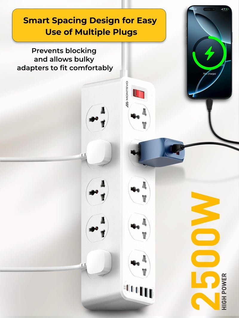 10 Way 2M Power Extension Cord 6 USB Ports 33W, 10 Universal Outlets, 3 USB-C PD & 3 USB-A, 33W Fast Charging, Heavy Duty Surge Protector, Includes 2 USB-C Cables (2M) - Image 4