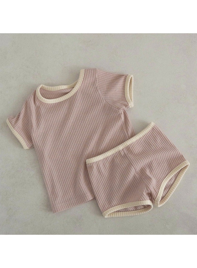 Baby Soft Breathable Cotton Short-Sleeved T-Shirt + Shorts Split Pink Purple Two-Piece Set - Image 1