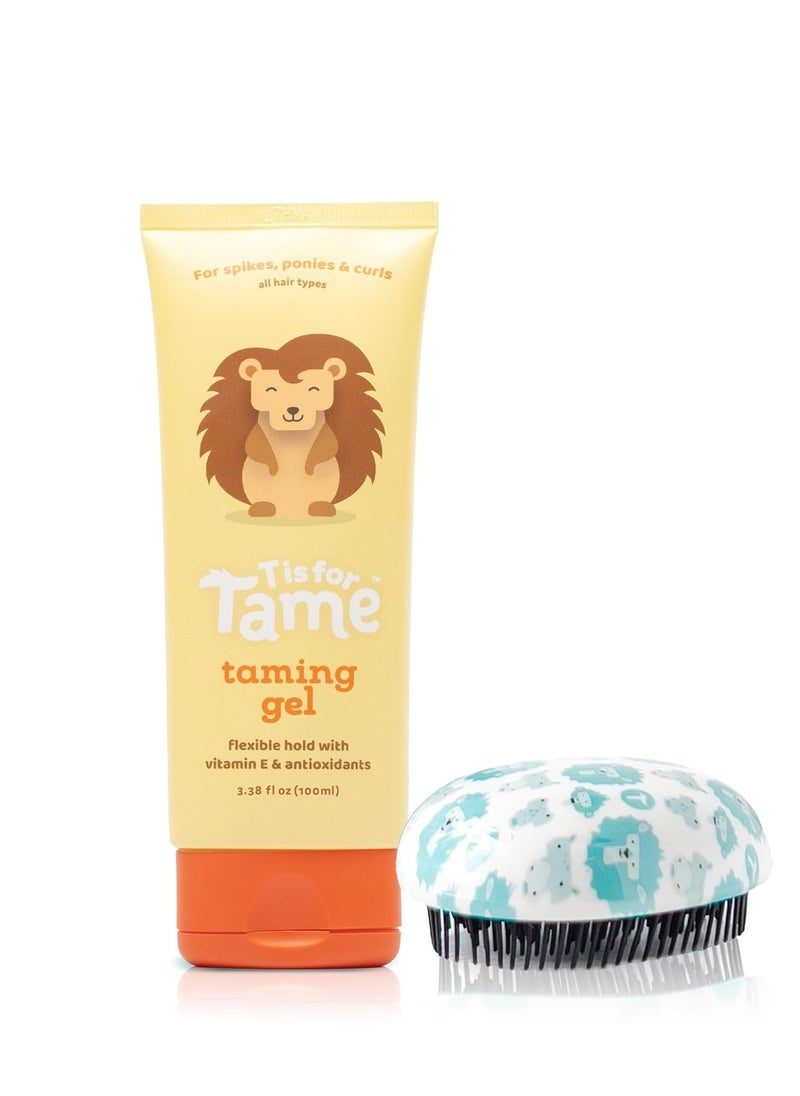 T is for Tame T is for Tame - Kids Hair Styling Gel and Detangling Bundle, Natural Hair Gel and Brush Set for Toddlers & Kids, Alcohol-Free, Vegan, Organic (3.38 Fl Oz & 1 Brush)  - Image 1