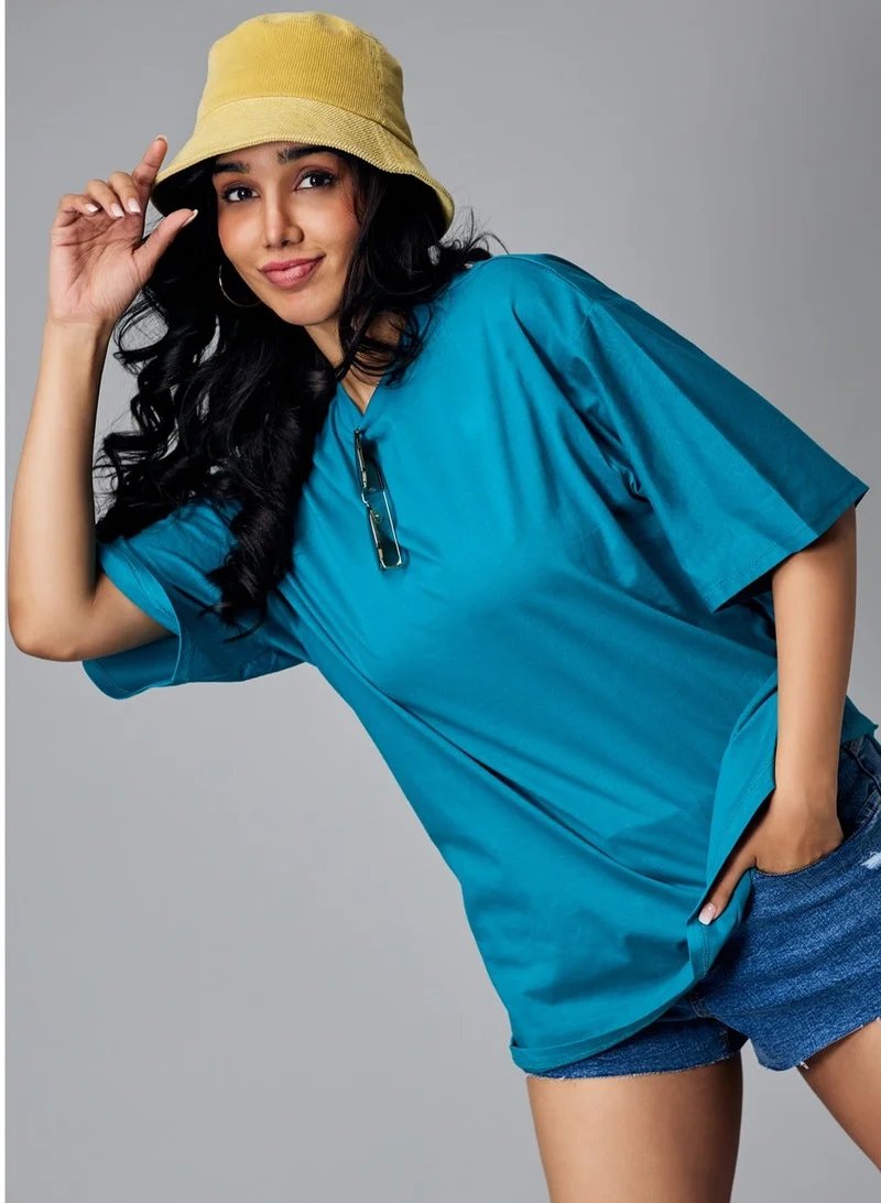 Zigzag Oversize Blue Solid T-shirt