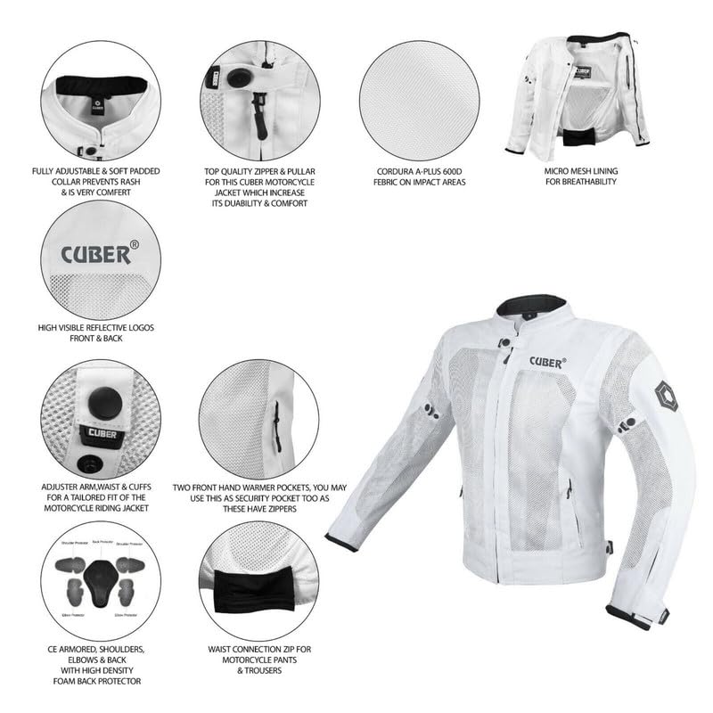CUBER HI VIS BREATHABLE MESH MOTORCYCLE JACKET RIDING MENS CE ARMOR BIKERS RACING GEAR, DUAL SPORTS PROTECTIVE (WHITE, LARGE) - Image 3
