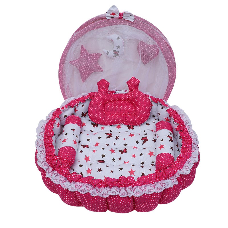 Remixon REMIXON Pink 3 Pillow with Mosquito Protection Net & Round Shape Cotton Baby Bed for 0-1 Year BB21  - Image 1