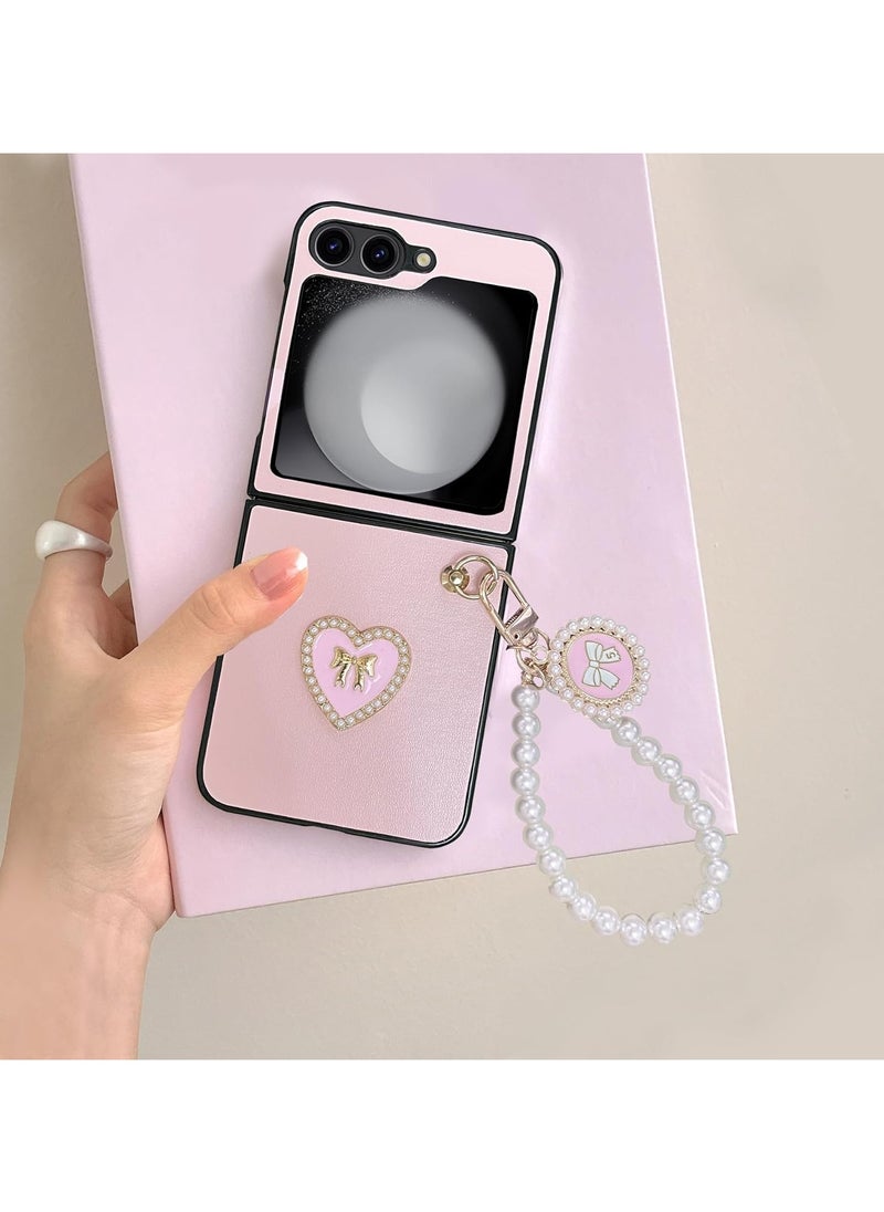 General - Galaxy Z Flip 6 Cute Phone Case with Strap,Heart Design Z Flip 6 Women's Case,Samsung Galaxy Z Flip 6 Lightweight Full Protection PU Leather Case - Image 1