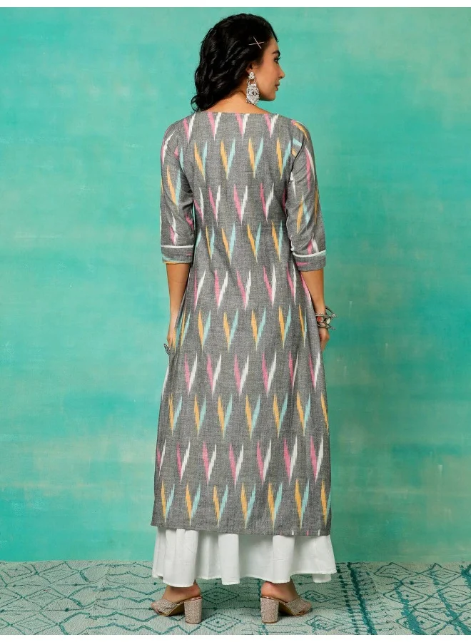 AKS  Grey & White Ikkat Handloom Design Layered Maxi Dress for Women | Best Price UAE