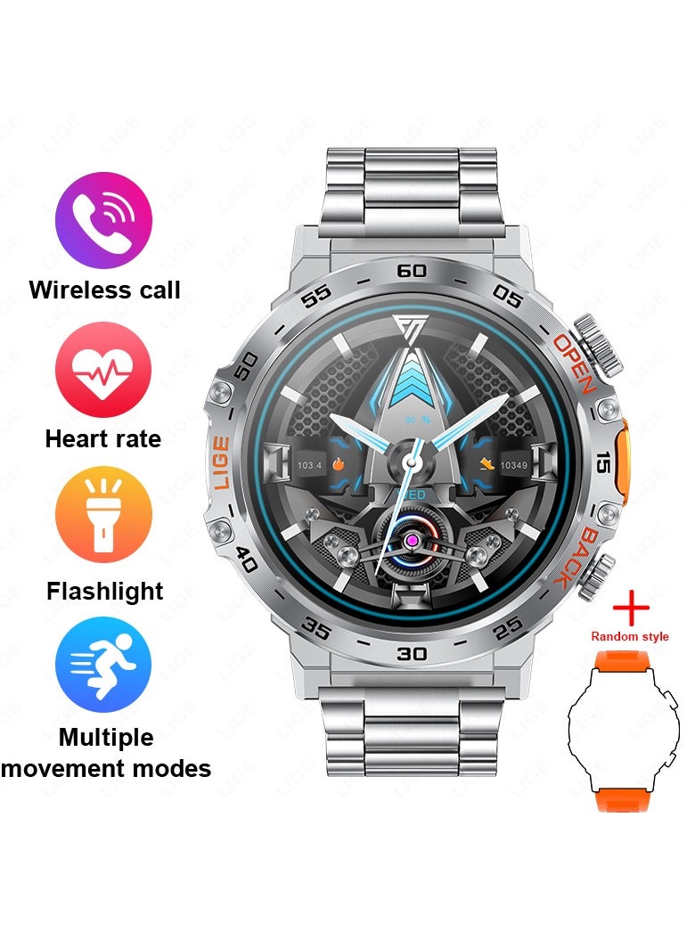 LIGE men's 1.53'' TFT Full Touch Screen Smartwatches Sports Waterproof with LED Flashlight Steel Silver  - Image 1