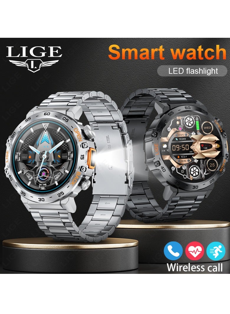 LIGE men's 1.53'' TFT Full Touch Screen Smartwatches Sports Waterproof with LED Flashlight Steel Silver  - Image 5