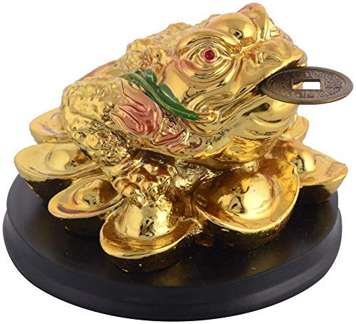 RIPE INDIA® Feng Shui Money Frog (Legged Toad) Hold Two Ignots On A Pile of Money for Wealth Luck Legged Money Frog On Bed of Ingots Showpiece Color Golden - Image 3