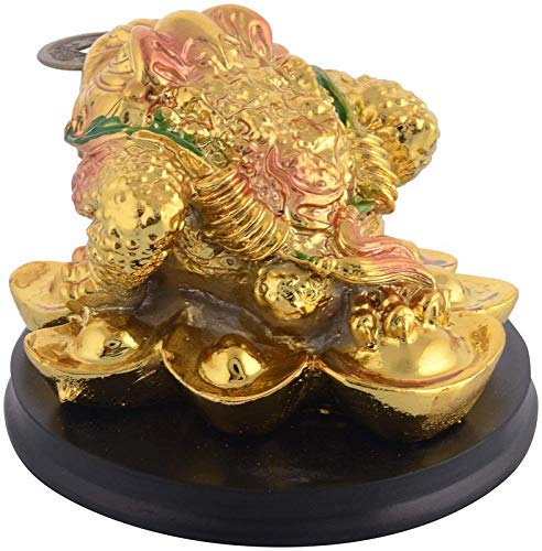 RIPE INDIA® Feng Shui Money Frog (Legged Toad) Hold Two Ignots On A Pile of Money for Wealth Luck Legged Money Frog On Bed of Ingots Showpiece Color Golden - Image 2