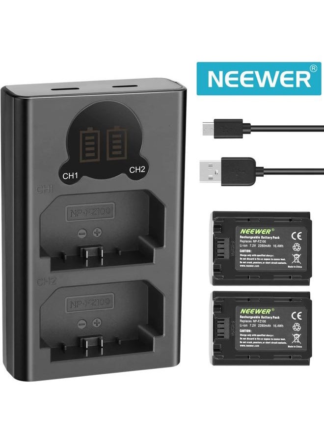 Neewer - NP-FZ100 2280mAh Replacement Battery and Charger with LCD Screen, 2 Packs, Compatible with Sony A1, A9 II, A7R III, A7R IV, A7R V, A7S III, A7 III, A7 IV, A6600, A7C Cameras - Image 1