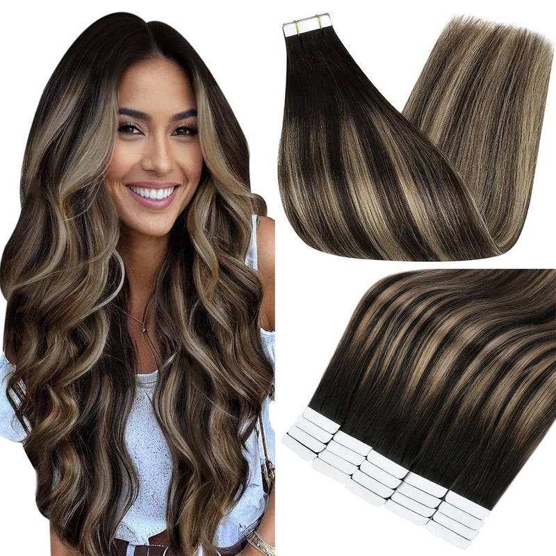 Full Shine Tape in Extensions Human Hair 16 Inch Invisible Seamless Human Hair Extensions Tape in Color 1B271B Black with Blonde Ombre 20PCS Natural Straight Remy Hair 50g for Women