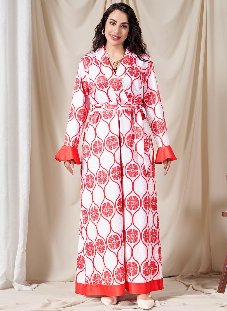 FridayIn Sweet V-neck Flowers Printing Splicing Belt Flared sleeve Long Dresses Pink - Image 5