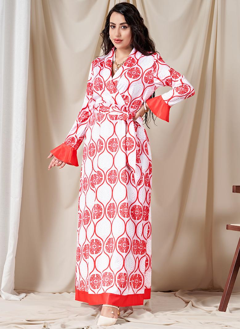 FridayIn Sweet V-neck Flowers Printing Splicing Belt Flared sleeve Long Dresses Pink - Image 1