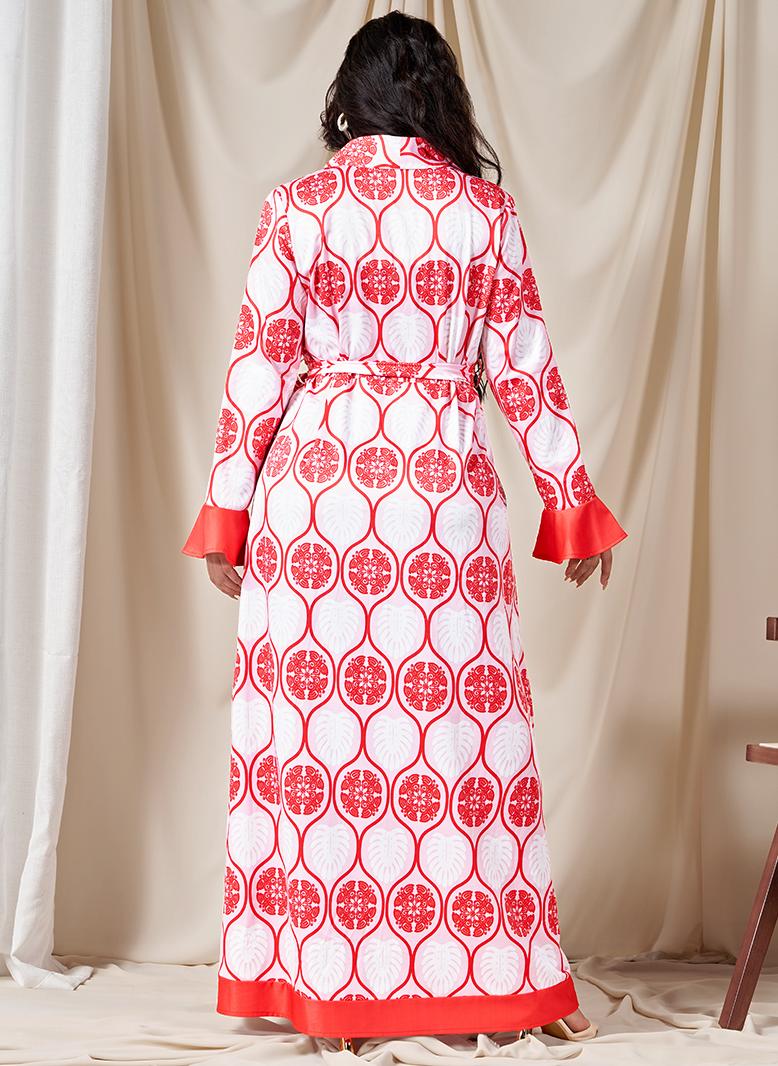 FridayIn Sweet V-neck Flowers Printing Splicing Belt Flared sleeve Long Dresses Pink - Image 2