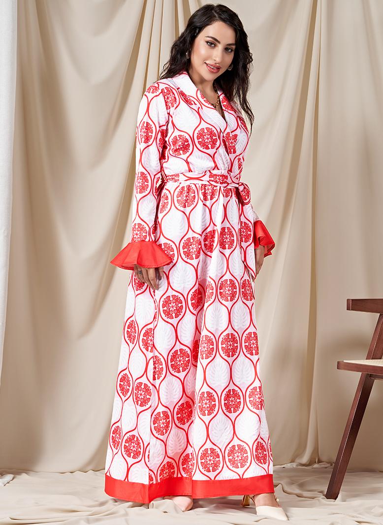 FridayIn Sweet V-neck Flowers Printing Splicing Belt Flared sleeve Long Dresses Pink - Image 3