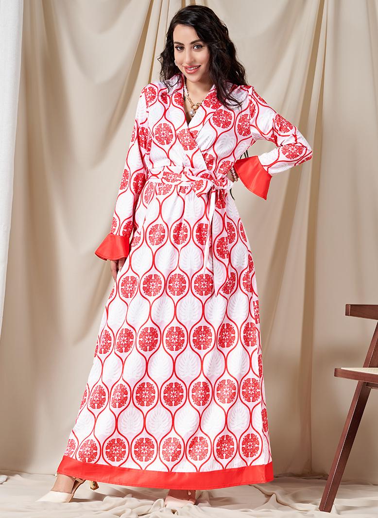 FridayIn Sweet V-neck Flowers Printing Splicing Belt Flared sleeve Long Dresses Pink - Image 4