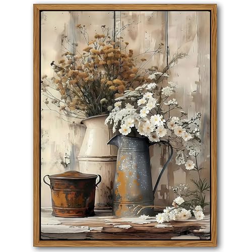 AKWISH Floating Framed Farmhouse Vintage Canvas Wall Art Country Floral Daisy Pictures Wall Decor Wood Grain Art Paintings Poster for Living Room Bedroom Bathroom Rustic Decor 12x16 inch - Image 1
