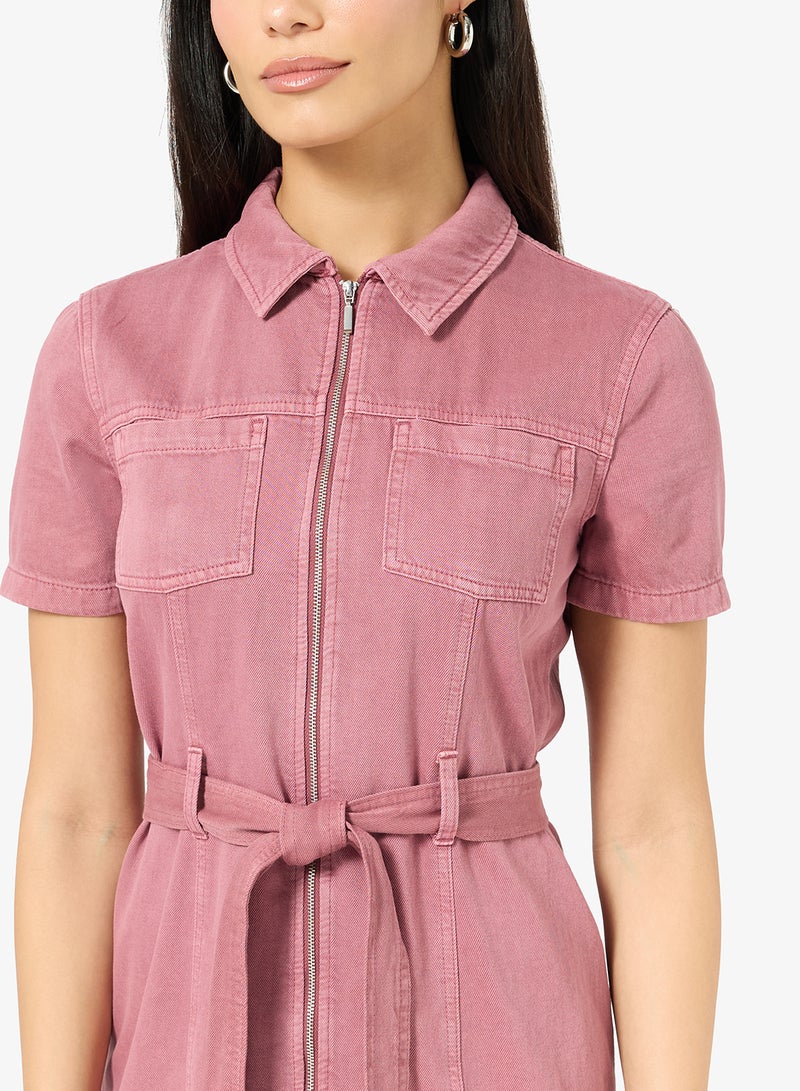 ONLY ONLSILLA Zipped Tie Waist Short Sleeve Mini Dress - Image 3