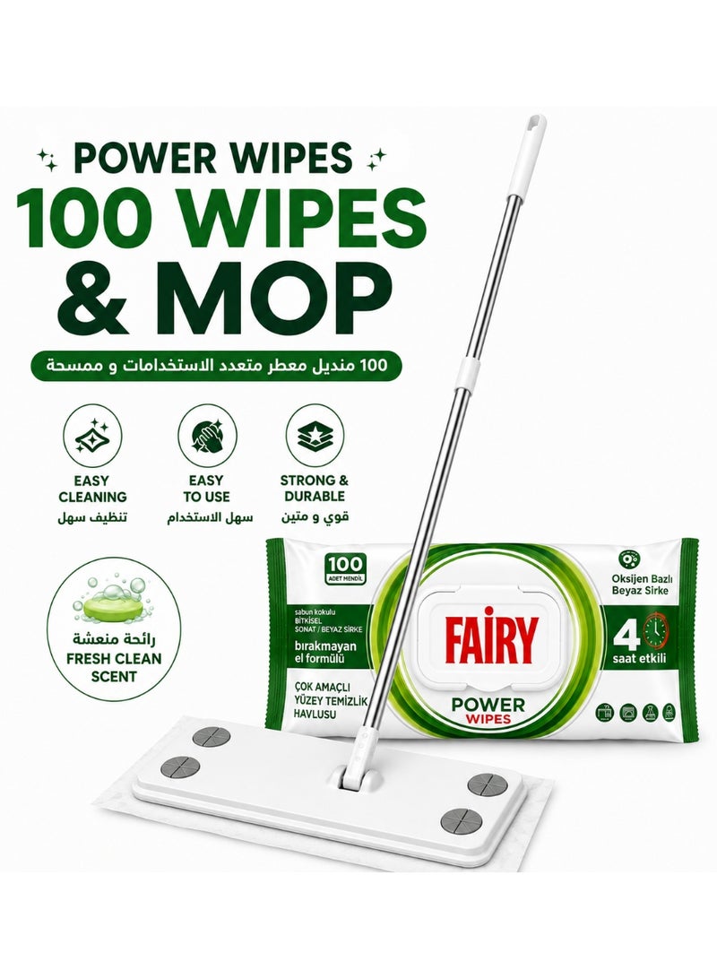 Power Wipes 100 Wipes & Flat Mop Set – Multi-Purpose Floor Cleaning Wipes with Easy-Attach Mop for Quick Home Cleaning