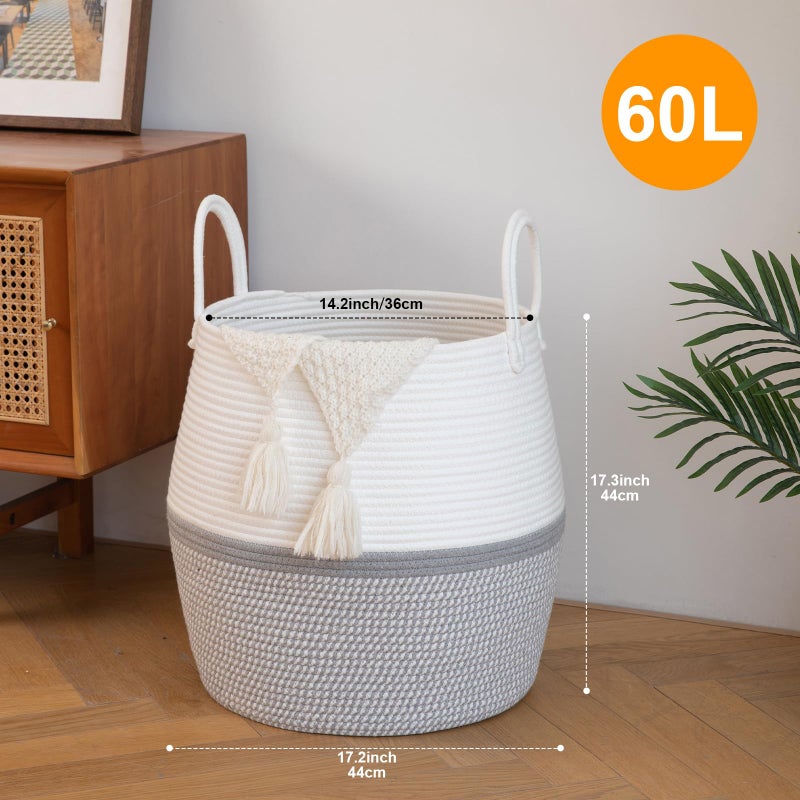 OIAHOMY 60L Blanket Basket with Handle, Storage Basket for Living Room, Laundry Hamper for Clothes, Towels, Pillows, Toy Storage for Kids and Dogs, Baby Hamper for Nursery - Grey & White - Image 2