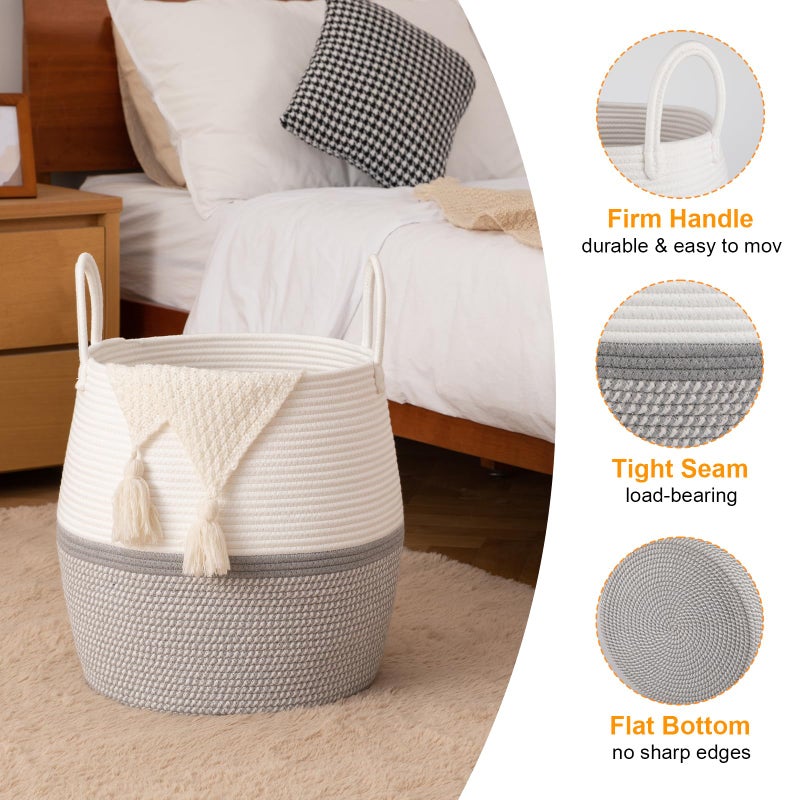 OIAHOMY 60L Blanket Basket with Handle, Storage Basket for Living Room, Laundry Hamper for Clothes, Towels, Pillows, Toy Storage for Kids and Dogs, Baby Hamper for Nursery - Grey & White - Image 3