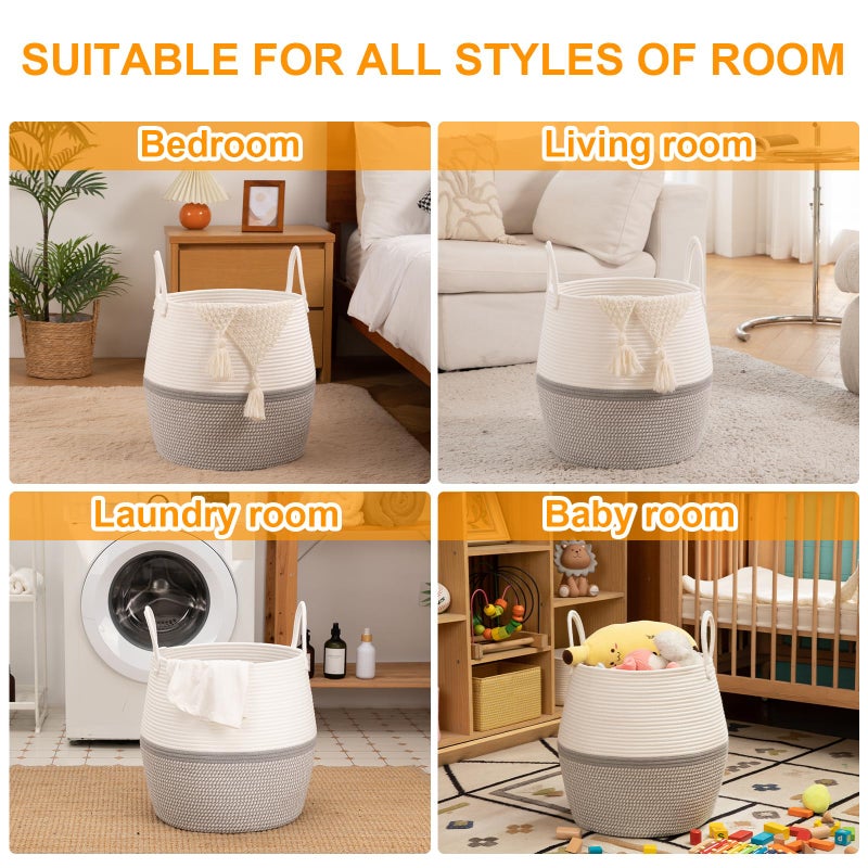 OIAHOMY 60L Blanket Basket with Handle, Storage Basket for Living Room, Laundry Hamper for Clothes, Towels, Pillows, Toy Storage for Kids and Dogs, Baby Hamper for Nursery - Grey & White - Image 4