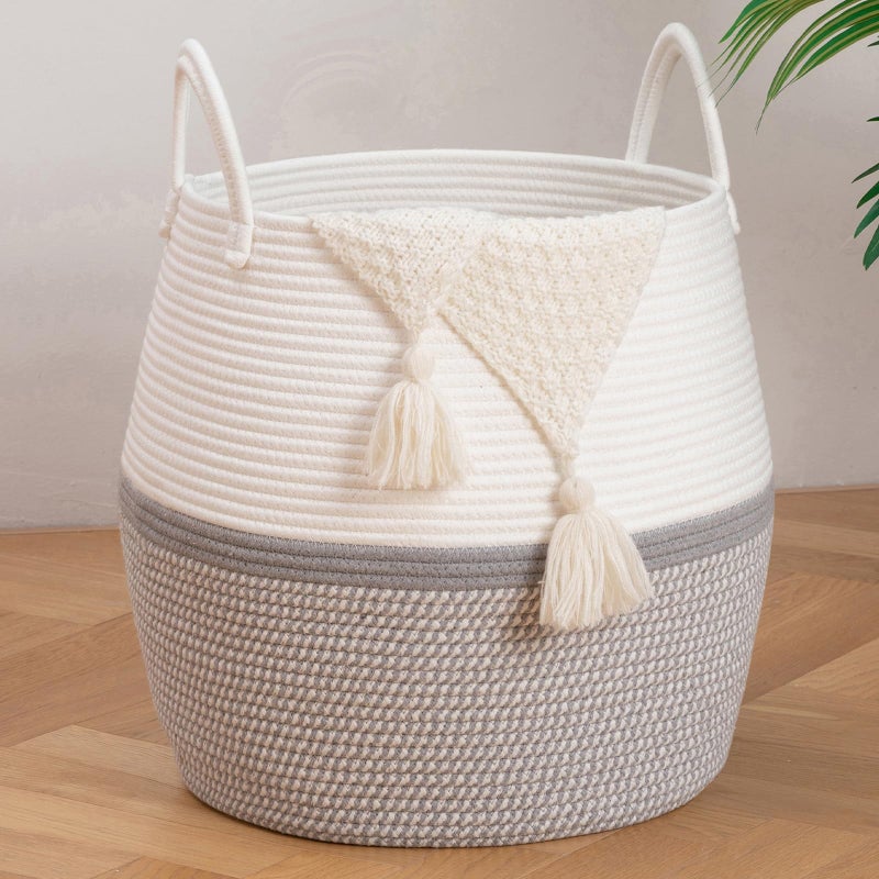 OIAHOMY 60L Blanket Basket with Handle, Storage Basket for Living Room, Laundry Hamper for Clothes, Towels, Pillows, Toy Storage for Kids and Dogs, Baby Hamper for Nursery - Grey & White - Image 1