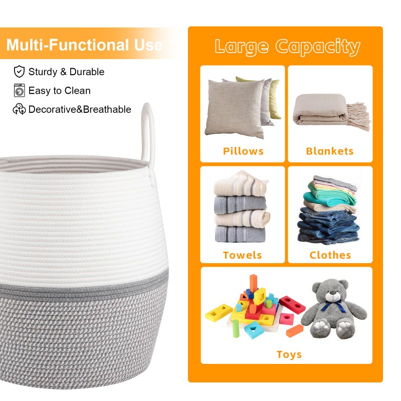 OIAHOMY 60L Blanket Basket with Handle, Storage Basket for Living Room, Laundry Hamper for Clothes, Towels, Pillows, Toy Storage for Kids and Dogs, Baby Hamper for Nursery - Grey & White - Image 5