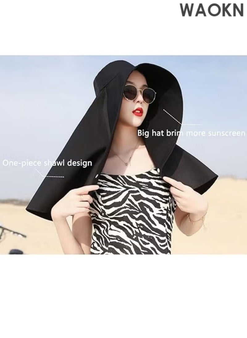 WAOKN Women's Sun Protection Large Shawl Sun Hat, UPF50+ Sun Protection Ponytail Comfort Hat, Breathable Waterproof, Summer Beach Outdoor Hat Garden Fishing Hiking(Black) - Image 4