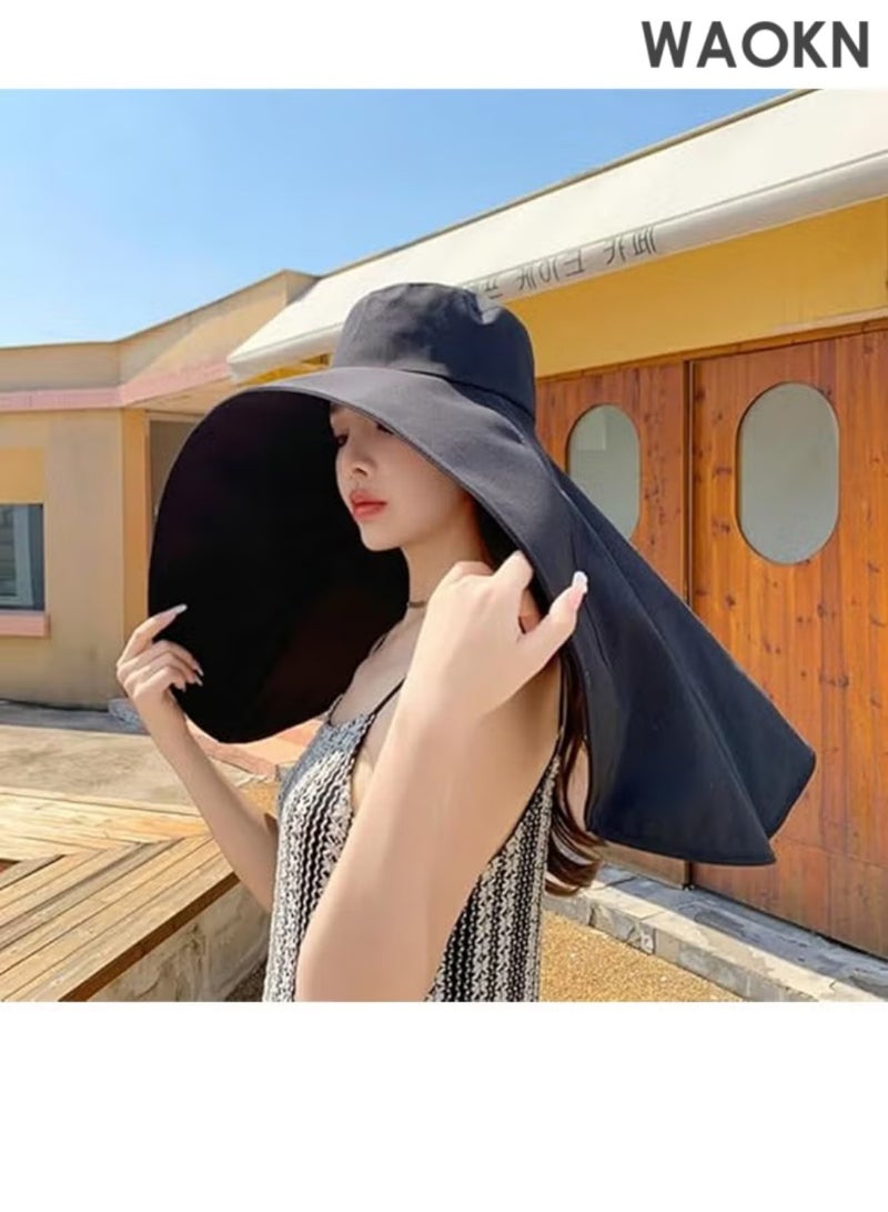WAOKN Women's Sun Protection Large Shawl Sun Hat, UPF50+ Sun Protection Ponytail Comfort Hat, Breathable Waterproof, Summer Beach Outdoor Hat Garden Fishing Hiking(Black) - Image 3