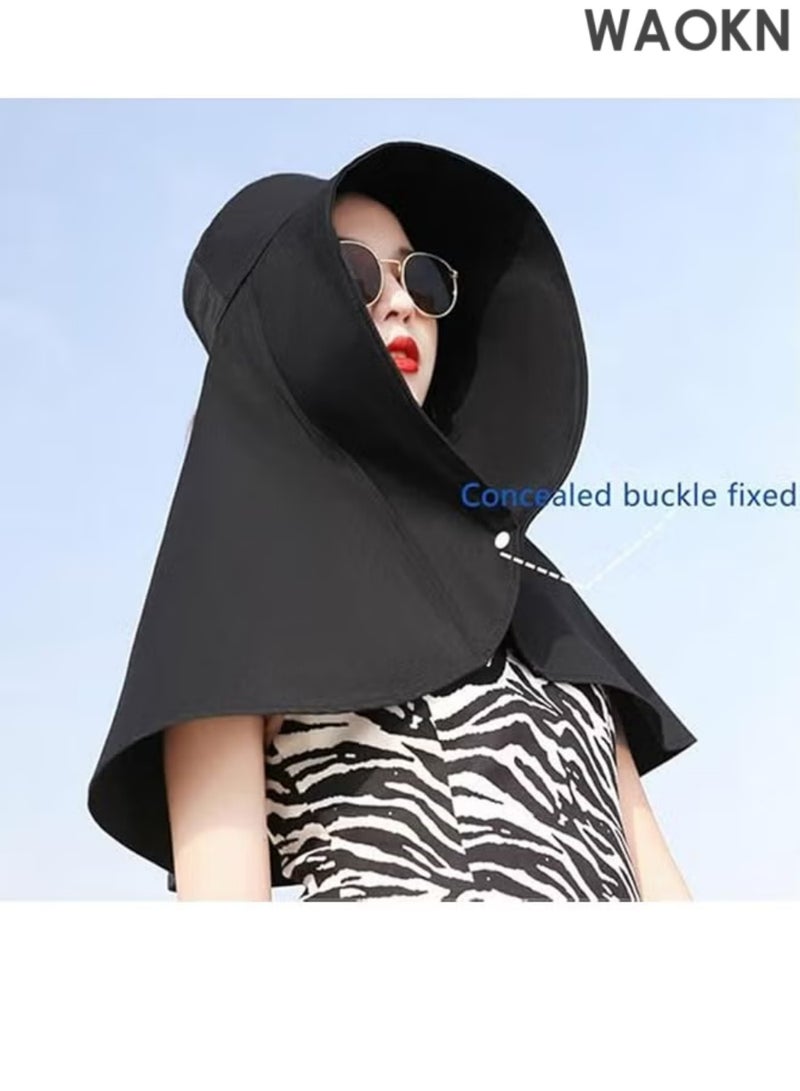 WAOKN Women's Sun Protection Large Shawl Sun Hat, UPF50+ Sun Protection Ponytail Comfort Hat, Breathable Waterproof, Summer Beach Outdoor Hat Garden Fishing Hiking(Black) - Image 5
