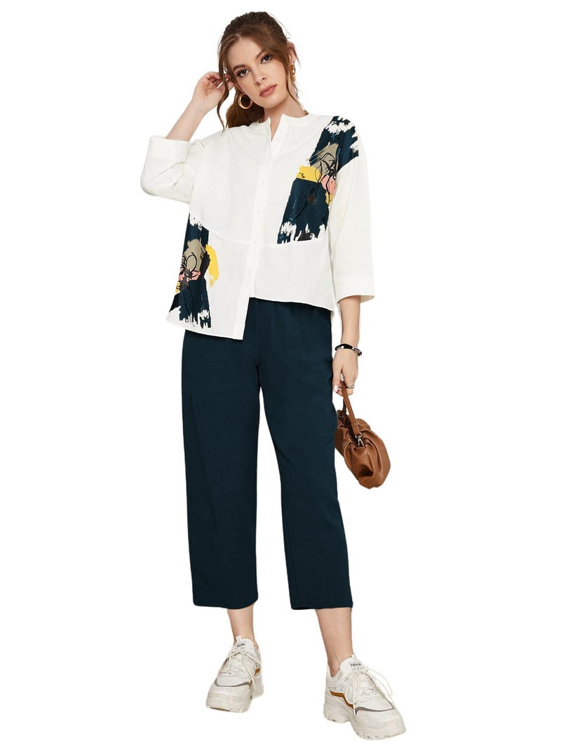 TOPLOT Women's Co-ord Set | Button-up, Loose-fit top with Artistic Abstract Prints| Relaxed Loose Fit Design | Stylish Matching Set with Easy Movement | Casual, Outings (5234_M_Teal) - Image 5