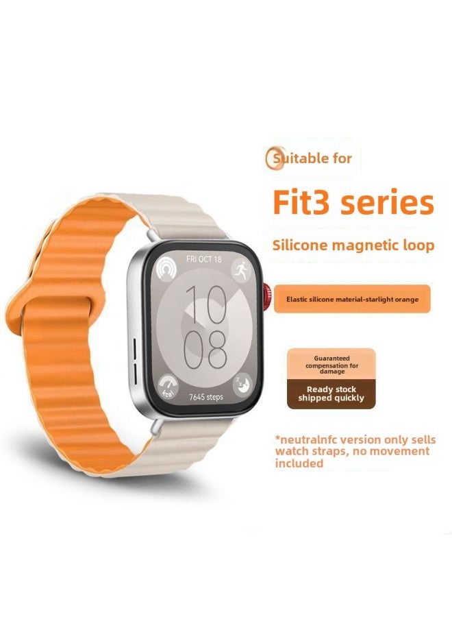 مناسبة لساعة Huawei Fit3 حزام سيليكون مغناطيسي بحلقة Fit2 رياضية ذكية سوار معصم صيفي - اللون: ينطبق على سلسلة Huawei Fit3 - [أخضر داكن مع برتقالي] حزام ساعة مغناطيسي من السيليكون - Image 1