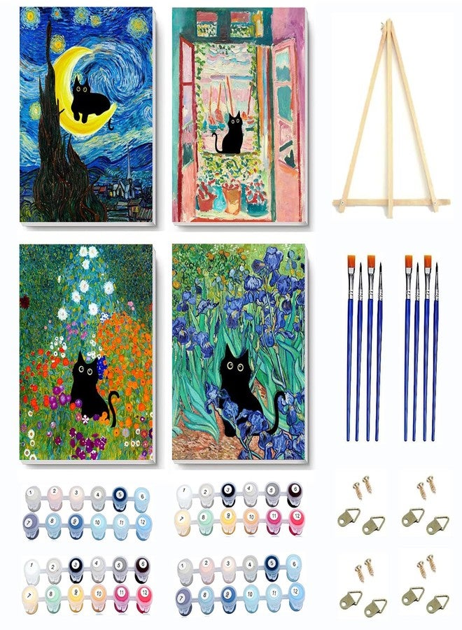 VIGEGU 4 Pack Paint by Numbers Kit for Adults Framed Canvas - with Wooden Easel,Paint by Numbers for Kids Ages 8-12,Van Gogh's Starry Black Cat DIY Acrylic Landscape Oil Painting Arts Crafts 7.8x11.8inch - Image 1