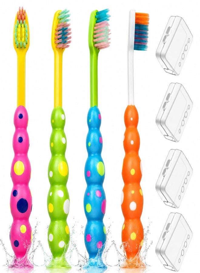 B Rush® Toddler/Kids Toothbrush 4 Pack - Soft Flossing Bristles & Suction Cup Base for Fun Storage - Child Sized Head for Ages 3-10 - Individually Wrapped Travel Brush with Cover - BPA-Free, 4 Colors - Image 2