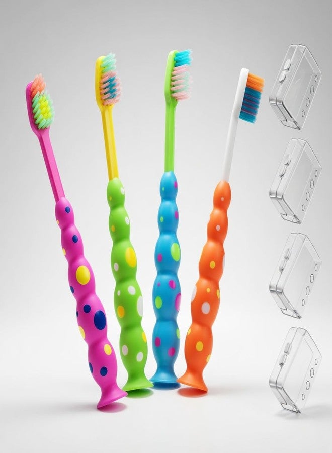 B Rush® Toddler/Kids Toothbrush 4 Pack - Soft Flossing Bristles & Suction Cup Base for Fun Storage - Child Sized Head for Ages 3-10 - Individually Wrapped Travel Brush with Cover - BPA-Free, 4 Colors - Image 1