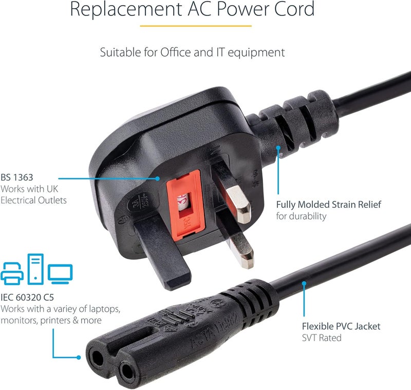 StarTech .com 6ft (2m) UK Laptop Power Cable, BS 1363 to C7, 2.5A 250V, 18AWG, Black, AC Laptop Replacement Cord, Printer Cable, UK Laptop Charger Cord, Laptop Power Brick Cord (PXTNB2SUK6) - Image 2