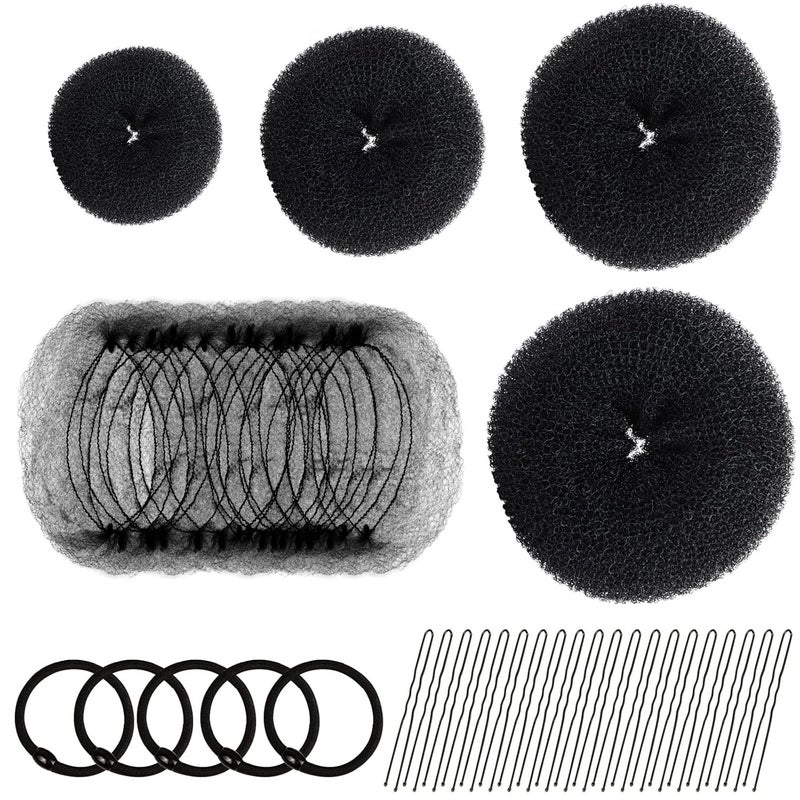 FANDAMEI Hair Donut Bun Maker Set  4 Bun Shapers 20 Invisible Nets 5 Elastics 20 Bobby Pins Black