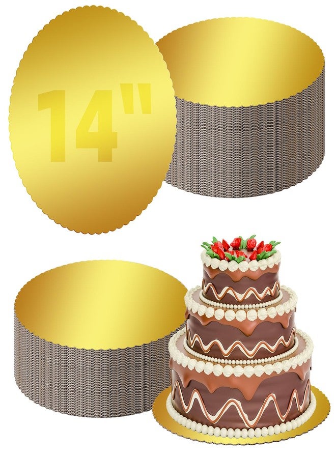 RMERVE 50 Pcs 14 Inch Round Cake Base Gold Cake Boards Disposable Cake Plate Bulk Sturdy Circle Cardboard Scalloped Base for Cake Pizza Pie Decorating New Year Birthday Parties(Gold) - Image 1