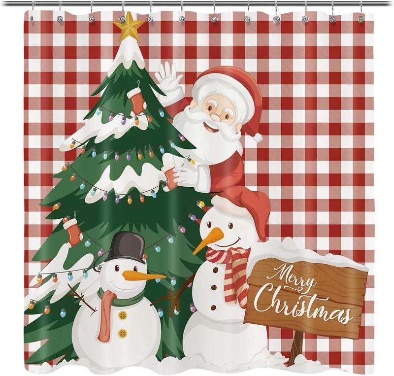 Sunlit Christmas Fabric Shower Curtain, Xmas Snowman Santas with Green Pine Tree Shower Curtains with Red Plaid Buffalo Check Background Curtains, for Home Bathroom Decor Tapestry Photo Booth Backdrop - Image 1