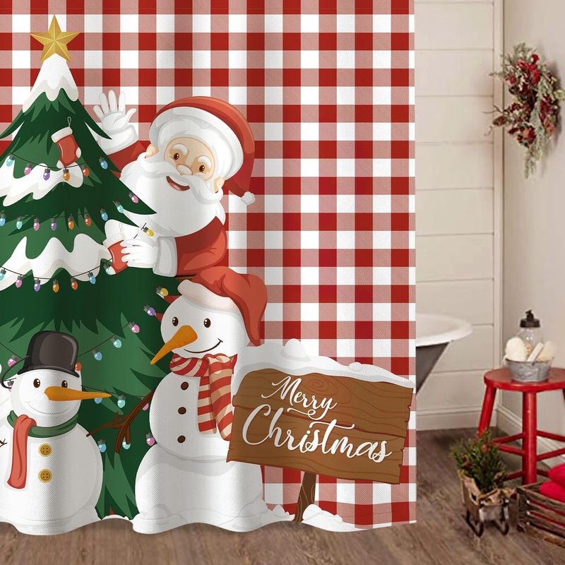 Sunlit Christmas Fabric Shower Curtain, Xmas Snowman Santas with Green Pine Tree Shower Curtains with Red Plaid Buffalo Check Background Curtains, for Home Bathroom Decor Tapestry Photo Booth Backdrop - Image 2