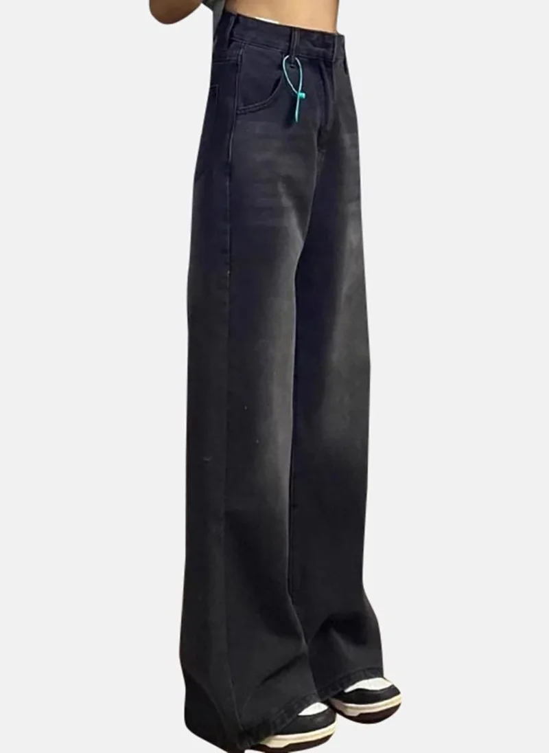 يونيكي Grey Solid Low Rise Relaxed Wide Leg Jeans