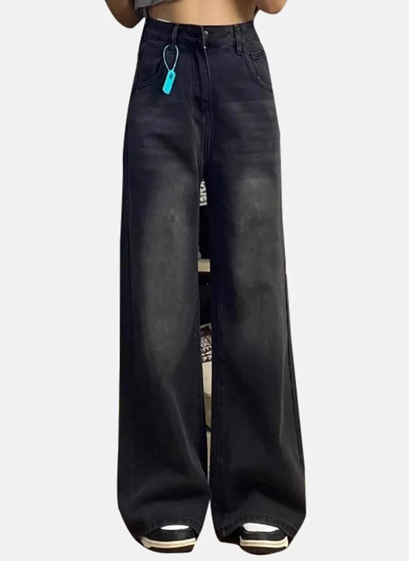 يونيكي Grey Solid Low Rise Relaxed Wide Leg Jeans