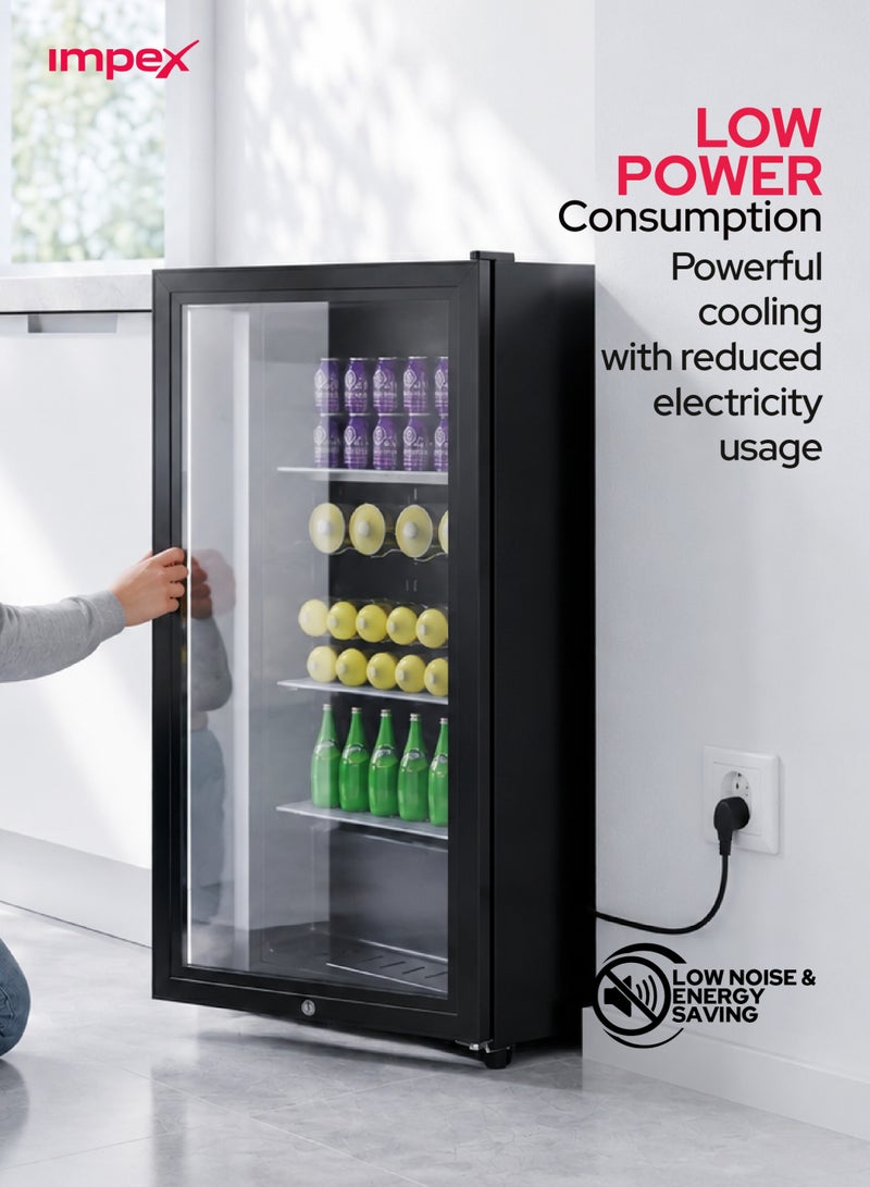 Impex 85 Liters Showcase Chiller Refrigerator with Glass Door, Fast Cooling Mini Display Fridge Showcase Refrigerator, Energy Saving Beverage Cooler, Interior LED Lamp, Child Safety Lock & Key, Adjustable Legs, Low Noise Commercial Cooler 80W, 2 Year Warranty - IMBC100, Black 85 L 80 W IMBC 100 Black - Image 5