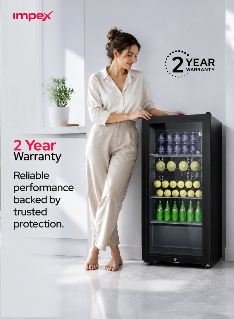 Impex 85 Liters Showcase Chiller Refrigerator with Glass Door, Fast Cooling Mini Display Fridge Showcase Refrigerator, Energy Saving Beverage Cooler, Interior LED Lamp, Child Safety Lock & Key, Adjustable Legs, Low Noise Commercial Cooler 80W, 2 Year Warranty - IMBC100, Black 85 L 80 W IMBC 100 Black - Image 3