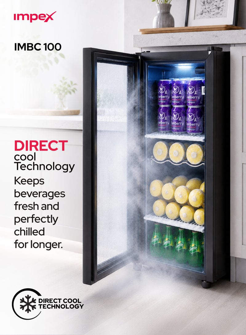 Impex 85 Liters Showcase Chiller Refrigerator with Glass Door, Fast Cooling Mini Display Fridge Showcase Refrigerator, Energy Saving Beverage Cooler, Interior LED Lamp, Child Safety Lock & Key, Adjustable Legs, Low Noise Commercial Cooler 80W, 2 Year Warranty - IMBC100, Black 85 L 80 W IMBC 100 Black - Image 2