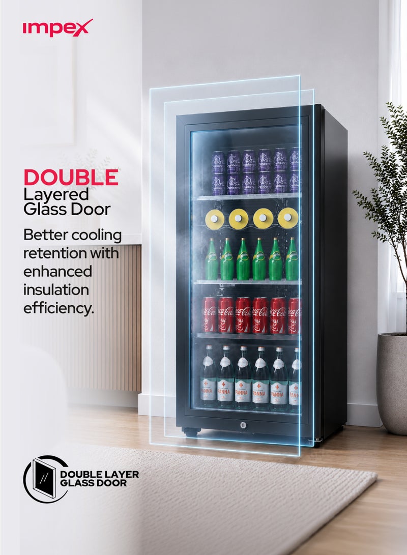 Impex 85 Liters Showcase Chiller Refrigerator with Glass Door, Fast Cooling Mini Display Fridge Showcase Refrigerator, Energy Saving Beverage Cooler, Interior LED Lamp, Child Safety Lock & Key, Adjustable Legs, Low Noise Commercial Cooler 80W, 2 Year Warranty - IMBC100, Black 85 L 80 W IMBC 100 Black - Image 4